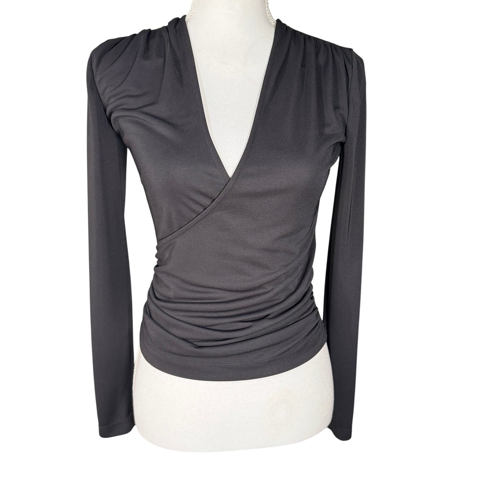 Zara Women Black Long Sleeve Ruched Surplice V-Neck Faux Wrap Top Size Small EUC
